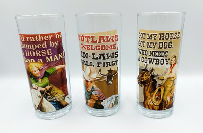 Set Of 3 Vandor LLC Funny Cowboy/ Cowgirl 10 Oz Highball Glasses 6''
