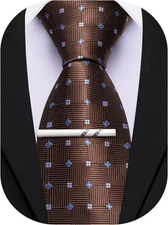 Barry.Wang Plaid Ties Mens Silk Necktie and Tie Clip Checkered for Brown 