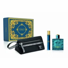 VERSACE EROS MEN 3 PC GIFT SET - 3.4 OZ EDT + TROUSSE BAG + 0.34 OZ TRAVEL SPRAY