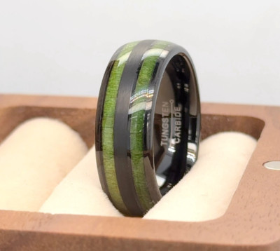 Xmas Gifts Ring Black Tungsten Personalized Ring Exotic Green Wood Inlay Band 