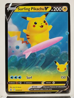 HOLO Surfing Pikachu V 008/025 NM / M Celebrations Pokemon HOLO Surfing Pikachu V 008/025 NM / M Celebrations Pokemon