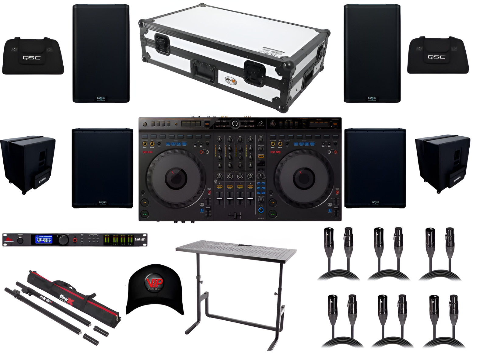 Комплект контроллера DDJ-GRV6 с рабочей станцией, громкоговорителем, чехлами, стойкой, кабелями и шляпой