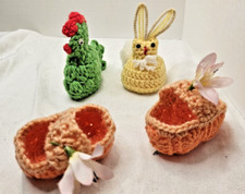 Vintage Lot Of 4 Crocheted Handmade Easter Egg Holders Cozies Rooster Bunny More