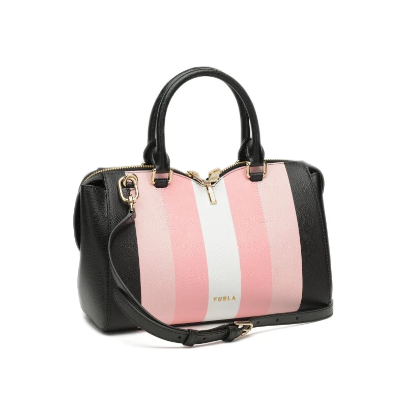 Woman handbag Furla Ribbon M satchel shoulder bag in black leather pink striped