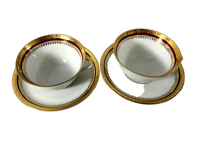 TABLE & DECOR SET 2 XL CUP & SAUCER LIMOGES FRANCE GLD w RED BAND CRACK ON 1 CUP