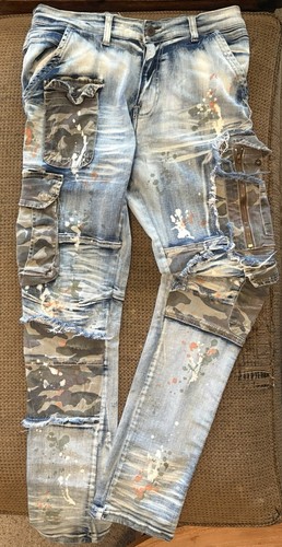 Jean denim éclaboussure peinture camouflage bleu rivet cuivre 36/34 litres - Pantalon RN140589 - Photo 1 sur 14