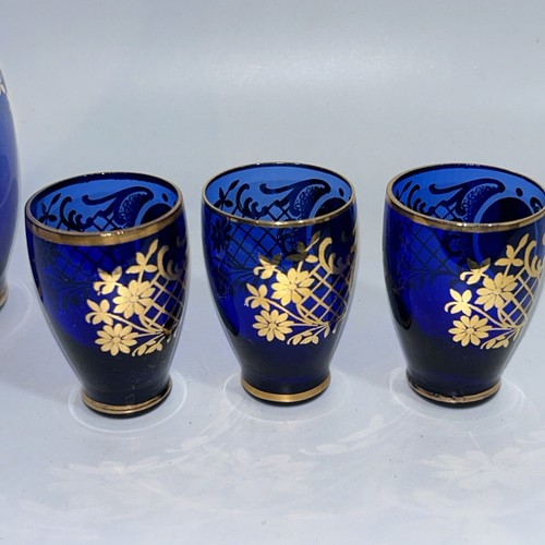 Murano Enamelled Decanter Set 4 X Shot/tot Glasses Flower Encrusted Cobalt Blue - Picture 18 of 21