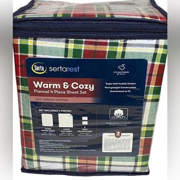 Serta Flannel King Sheet Set Heavy Tartan Plaid Soft Cozy Cotton Holiday - Image 2 of 4