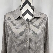 Salon Studio Long Sleeve Sheer Silver Gray Button Front Floral Blouse B82 Large