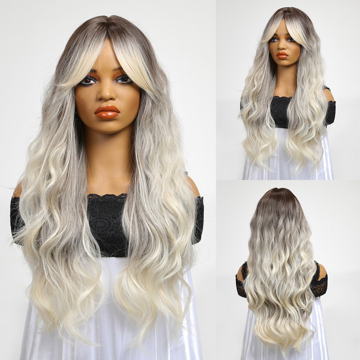 Ombre Brown Gray  Full Wig 24 Inches Ombre Ashy Brown Wavy Wig Heat Resistant Comfort  main image 3