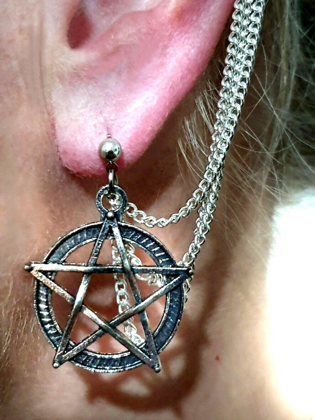 Pentacle Ear Cuff Stud and Chains Earring Pagan Wicca Sabbat Silver Pentagram
