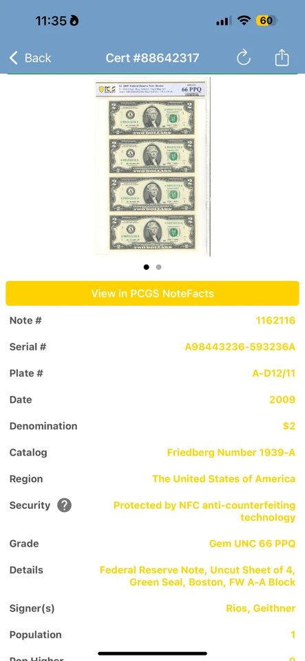 $2 2009 Federal Reserve Note Boston uncut sheet of 4 PCGS 66 PPQ - Image 3 of 4