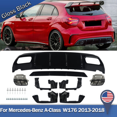 For Mercedes A Class W176 A200 A45 Gloss Black Rear Bumper Diffuser w/ Tailpipe