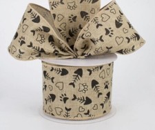 Cat Kitty Paw Print Beige Wired Ribbon 2 1/2" Paw Prints Hearts Pawprint 2.5"