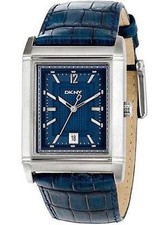 NEW-DKNY SILVER TONE,EMBOSSED CROC BLUE LEATHER BAND BLUE DIAL WATCH-NY1375