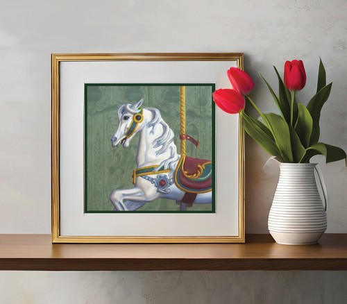 DANFORTH Looff Carrousel Horse, dipinto ad olio natura morta originale 8x8 - Foto 2 di 4
