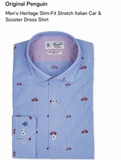Original Penguin Men Medium Dress Shirt Heritage Slim Fit Blue Car Moped Print