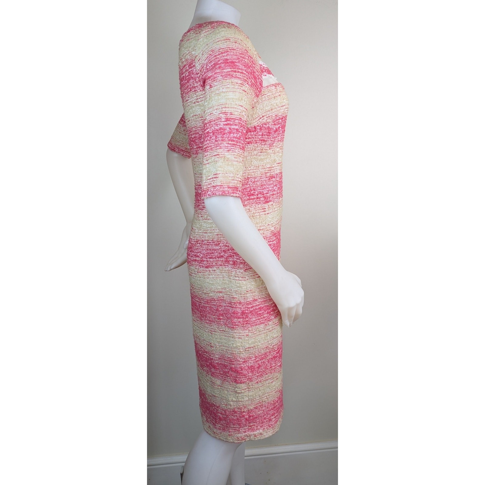 Teri Jon Rickie Freeman Sheath Dress 10 Pink Beige Stripe Texture Coastal Beachy