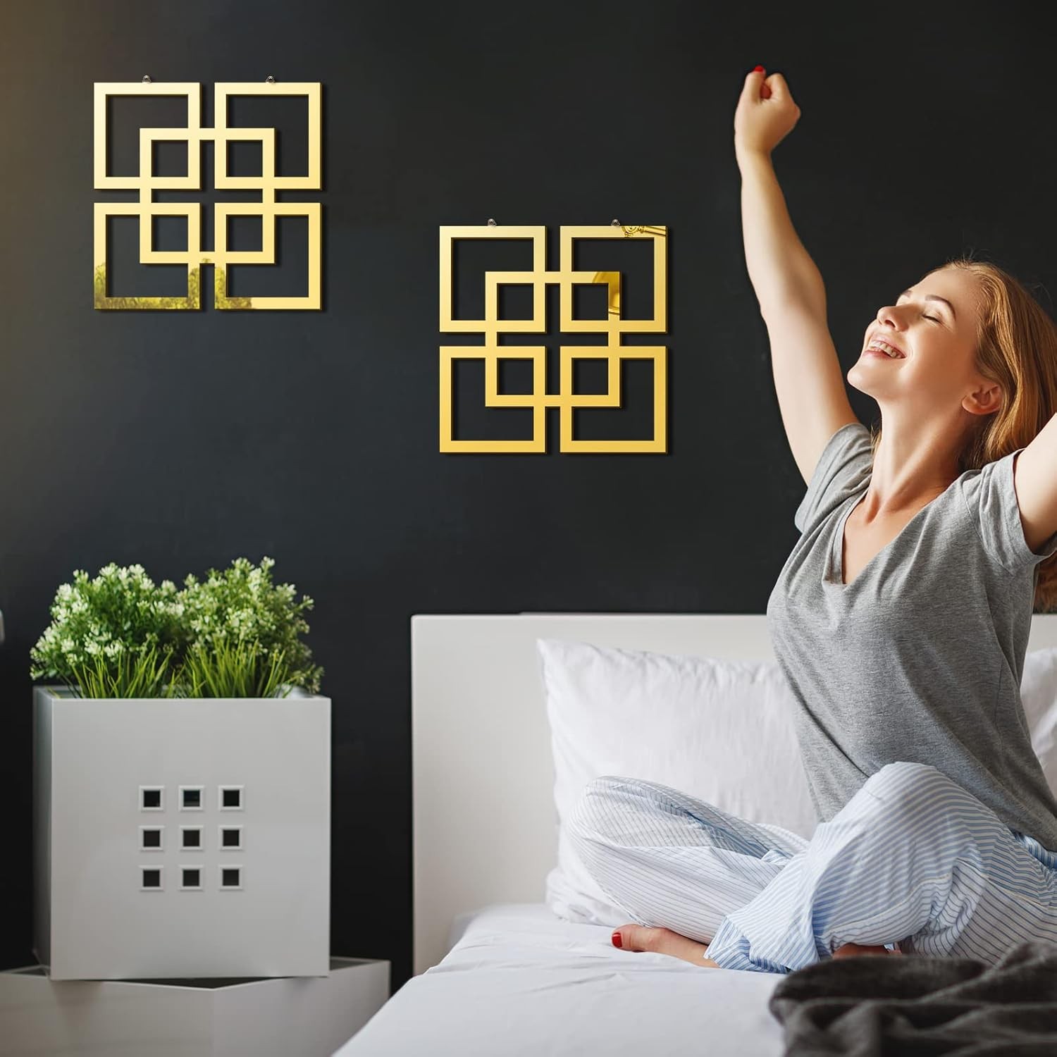 Weysat Wall Mount Home Mirror, 2 Pieces Silver Square Decorative Mirror Gold 