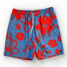 Lands End Men Floral Swim Trunks Blue Red Elastic Drawstring Waist Pockets Large