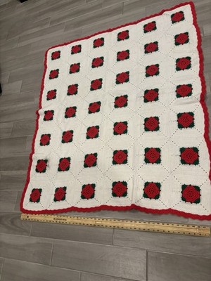 Vintage Red Rose Crochet Throw Afghan Blanket 60  x 88  3D Rose Granny Core