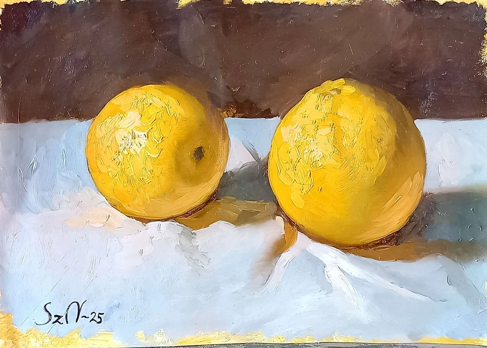 Pintura al óleo original papel 8x12 dos naranjas bodegón tela drapeada firmada Foto 3 de 4