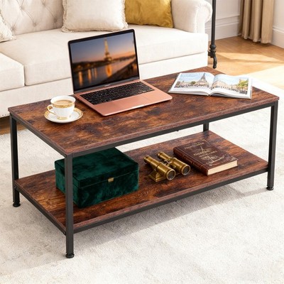 Rustic Brown Coffee Table for Living Room 2-Tier Coffee Tables With Storage