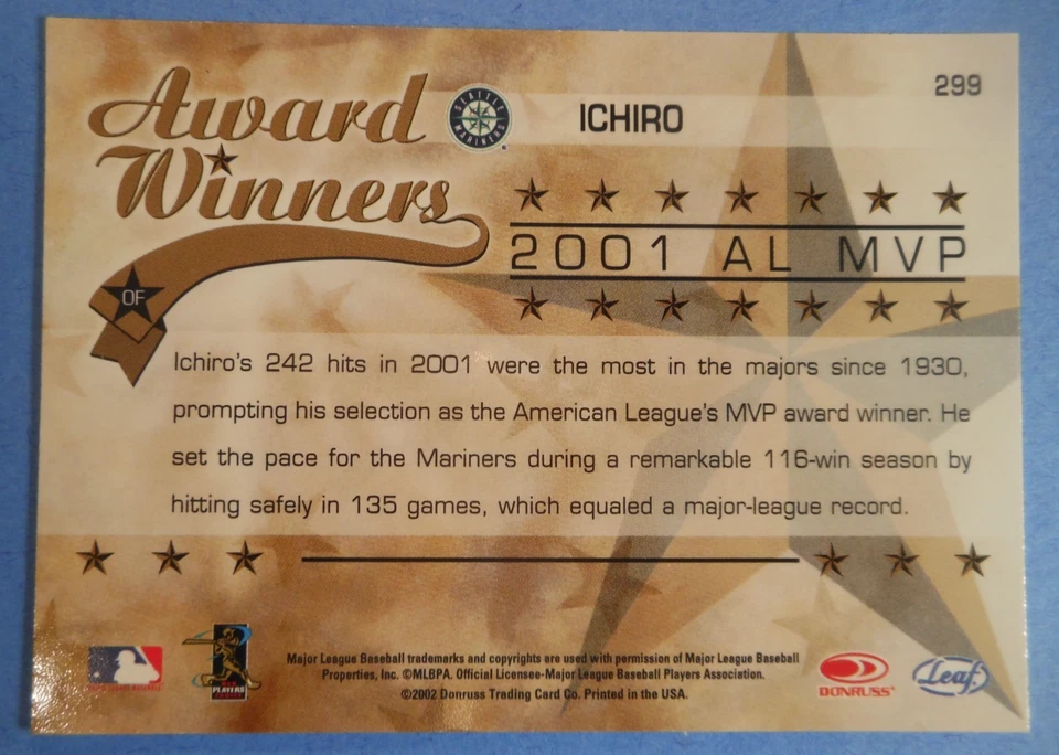 2002 leaf Rookies and Stars award winners AL MVP Ichiro Suzuki card 299 HOF - Image 4 of 4