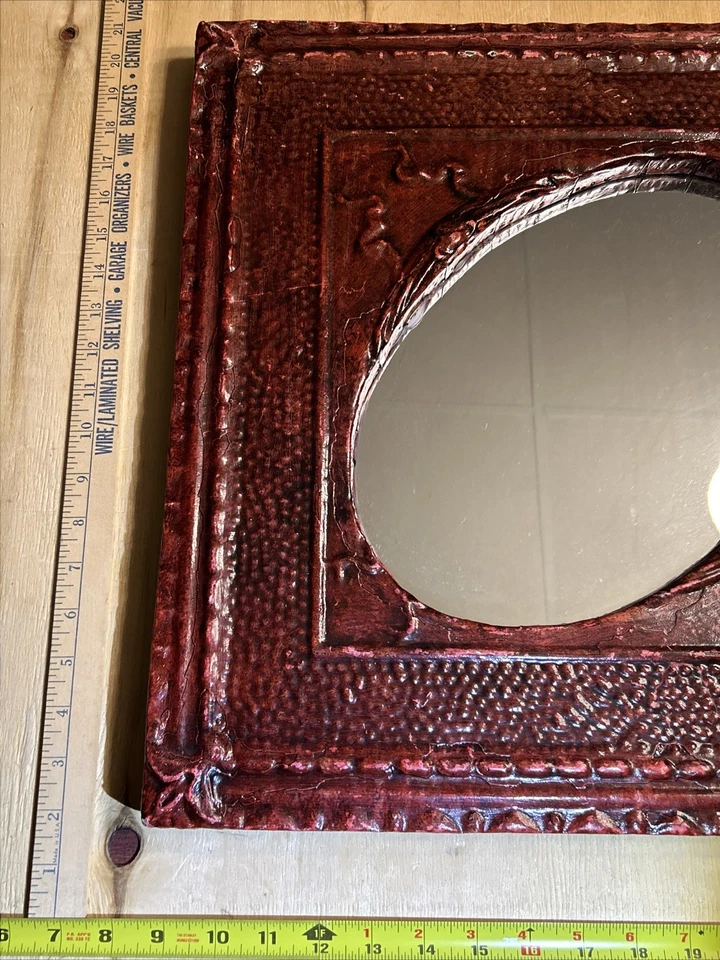 "Espejo de lata perforada ovalado recuperado hecho a mano arte popular mexicano decoración de pared ~ 19x19""" Foto 2 de 4