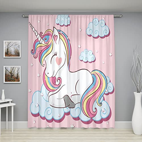 Unicorn Curtain for Kids Bedroom,Pink Cartoon Rainbow Darkening Curtains Decor - Picture 3 of 8