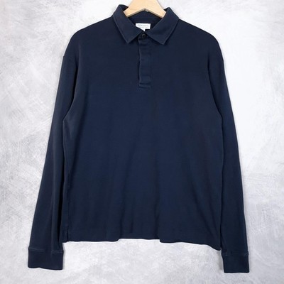 Sunspel Polo Shirt Mens Large Navy Jersey Knit Cotton Long Sleeve Casual