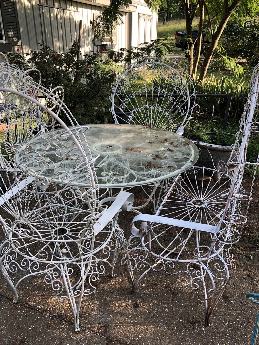 Rare 6 pcs. Antique Peacock wrought iron patio 42 table 4 chairs
