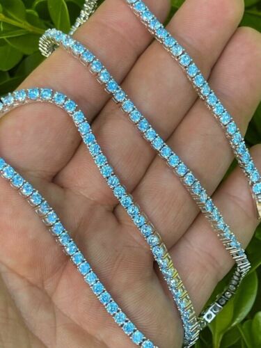 3mm Solid 925 Silver Simulated Blue Aquamarine Tennis Necklace Chain - 18" - Picture 1 of 7