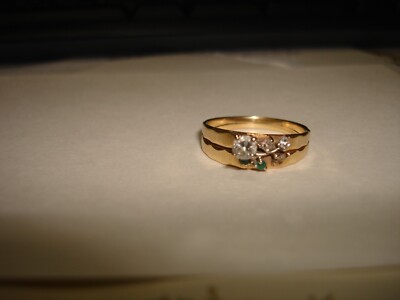 Vintage 14k Yellow Gold Diamond Emerald Ring Size 9.75 Missing One Stone As Is