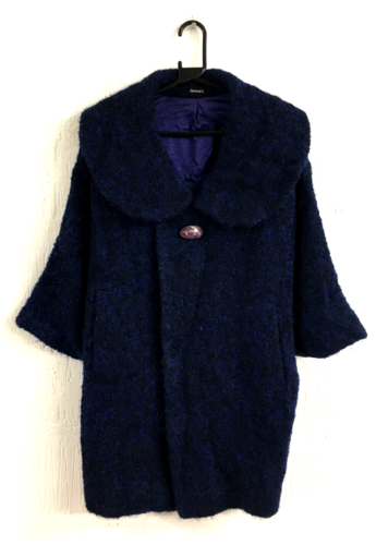 Vintage Japanese Oriental Kimono Sleeve Blue & Black Wool Coat Jacket Size 16 - Picture 1 of 6