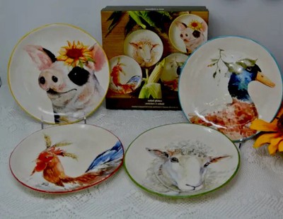 Pier 1 One Imports Farm Animals  Salad Plate Set Sheep Pig Duck Rooster 8.5 