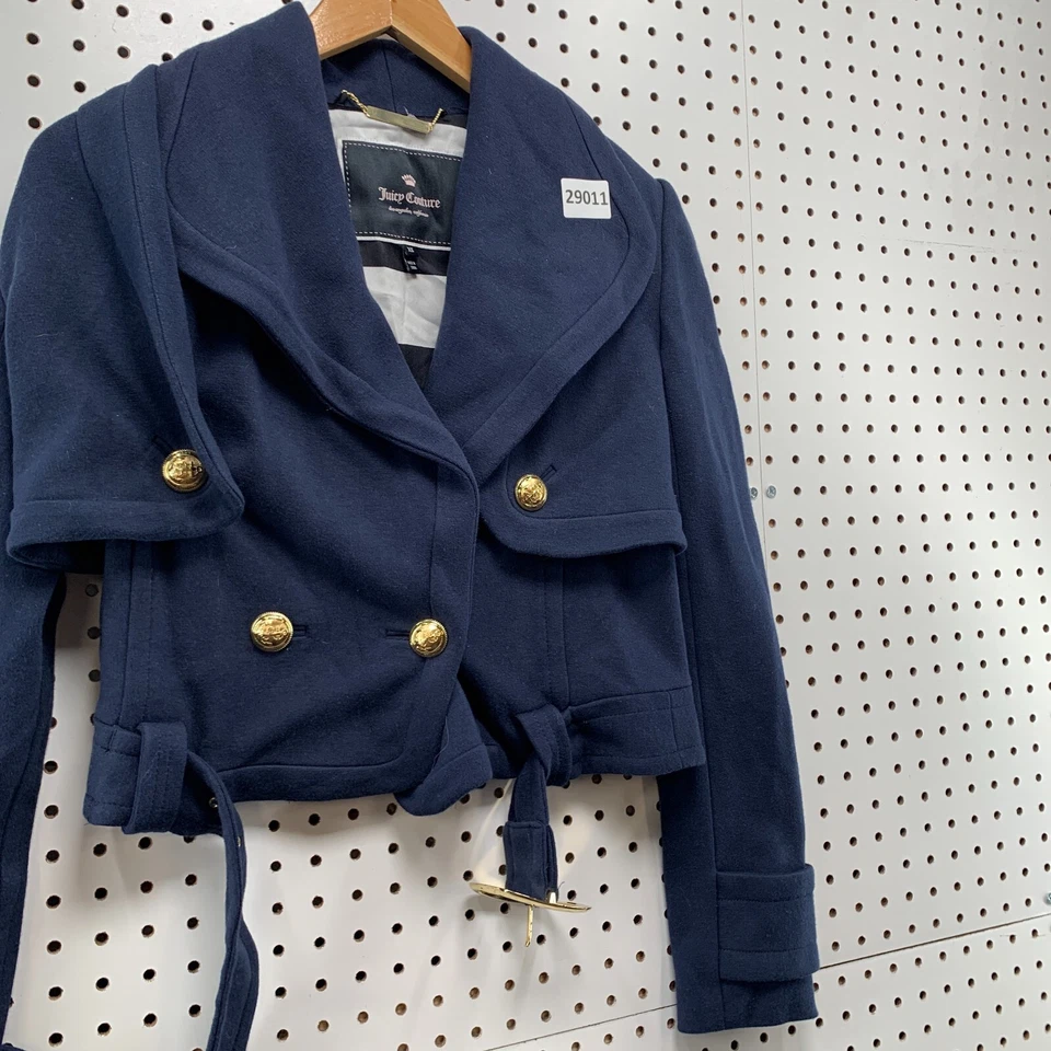 Juicy Couture Cropped Wool Belted Jacket Womens XS Navy Blue 18.5x19 - Image 4 of 4