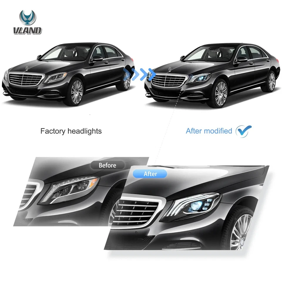 VLAND Full LED Headlights For 2014-2017 Mercedez Benz W222 S-Class w/DRL Startup - Image 2 of 4