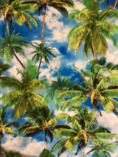 Tropical Escape Palm Tree Paradise Blue Cotton Fabric by the yard, 1/2 yard