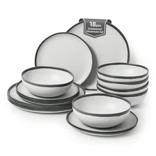 18PCS Grey Rim Vintage Melamine Dinnerware Set For 6 Outdoor Plates and Bowls 