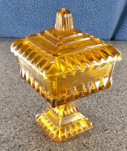 Vintage Jeanette Amber Glass Square Pedestal 6” Candy Dish with Lid