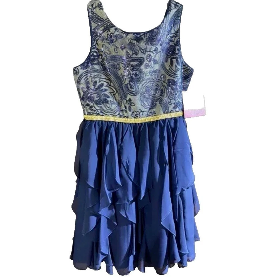 Vestido de festa Bloome De Jeune Fille meninas 14 azul marinho dourado lantejoulas corpete em camadas - Imagem 2 de 4
