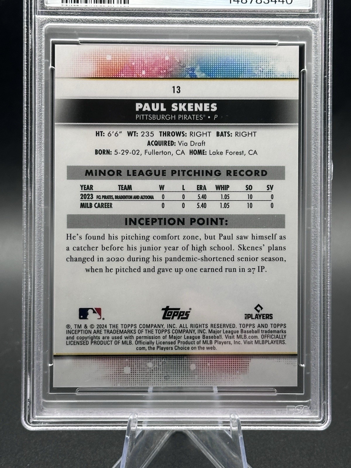 2024 Topps Inception Paul Skenes Pittsburgh Pirates RC PSA 10 EV view 2