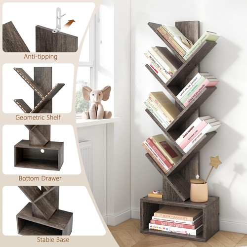 6 Tier Tree Bookshelf, Tall Bookcase with Drawer, Freestanding Book Shelf, Di... - Picture 8 of 9