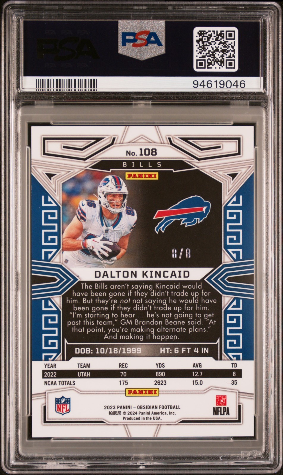 2023 Panini Obsidian DALTON KINCAID Electric Etch Red /8 RC POP 1 PSA 10 💎 view 2