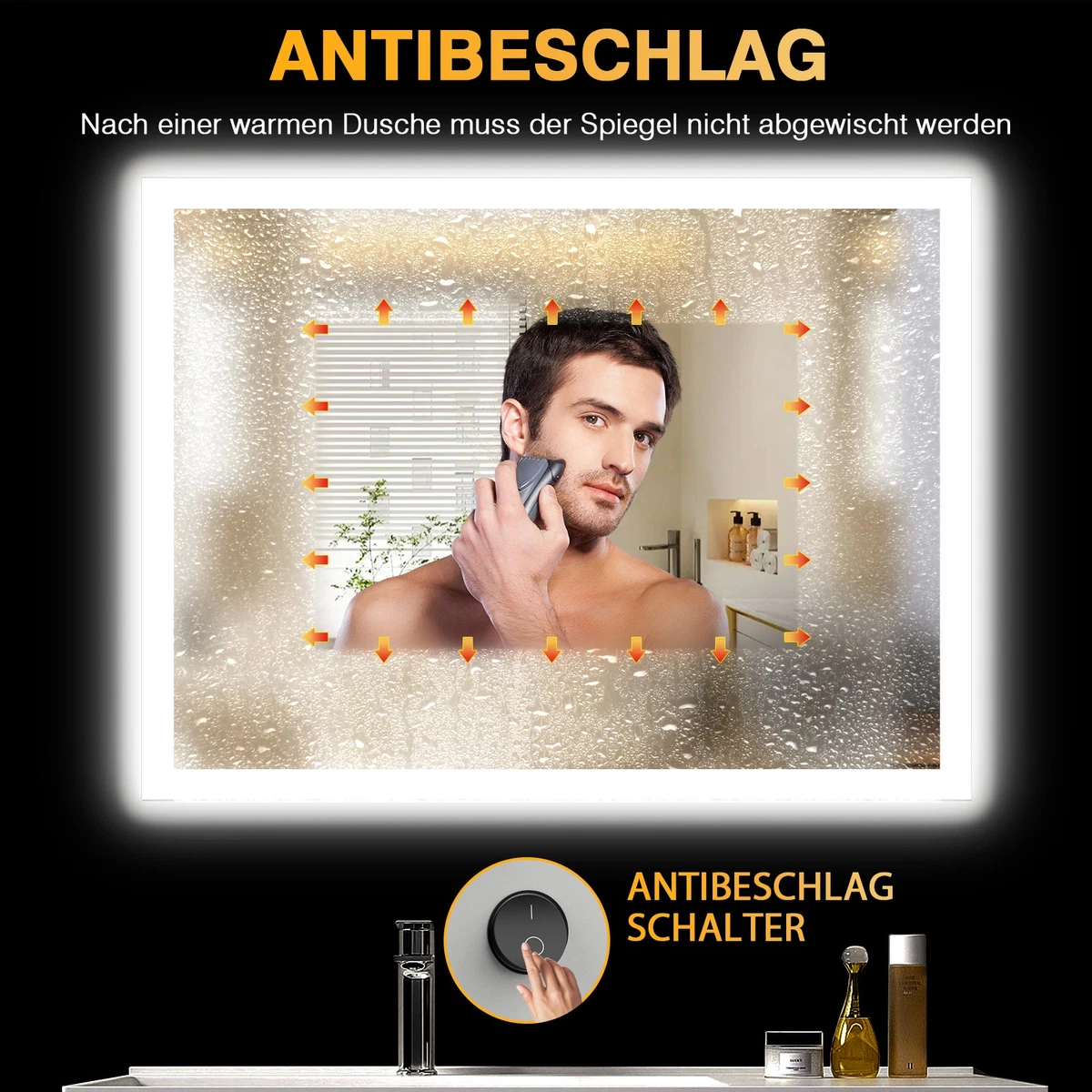 Badspiegel mit Beleuchtung 80x60cm Antibeschlag 2Lichtfarben, Druckknopfschalter