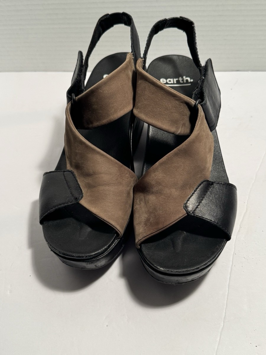 Earth Sz 8 Taupe Leather Platform Sandals Khaya Kendi Adjustable Wedge