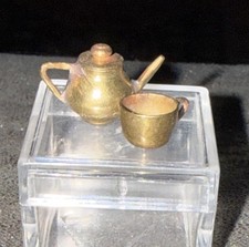 Vintage Solid Brass Dollhouse Miniature Tea Pot, Lid, And Cup