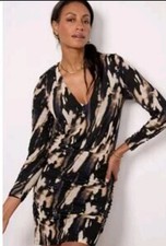 Evereve Womens Small Animal Print Ruched Bodycon V Neck Dress Black ED9202176E