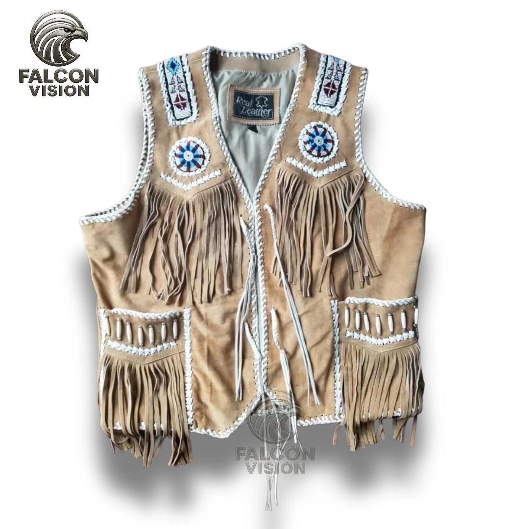 Native American Indian Beaded Suede Leather Fringe Vest